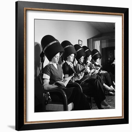 Women Aviation Workers under Hair Dryers in Beauty Salon, North American Aviation's Woodworth Plant-Charles E^ Steinheimer-Framed Photographic Print