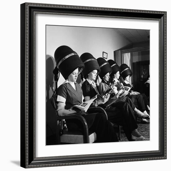 Women Aviation Workers under Hair Dryers in Beauty Salon, North American Aviation's Woodworth Plant-Charles E^ Steinheimer-Framed Photographic Print