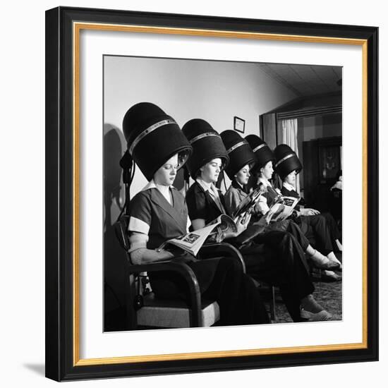 Women Aviation Workers under Hair Dryers in Beauty Salon, North American Aviation's Woodworth Plant-Charles E^ Steinheimer-Framed Photographic Print