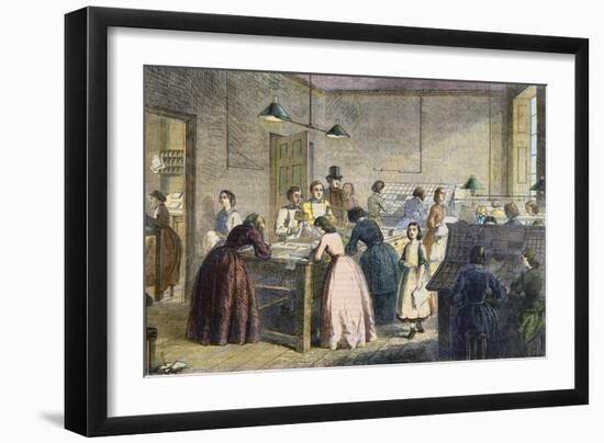 Women compositors at the printing office of the Victoria Press, Great Coram Street, London, 1860-English School-Framed Giclee Print