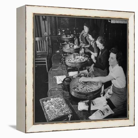Women Counting and Bagging New Five Cent Coins-William C^ Shrout-Framed Premier Image Canvas