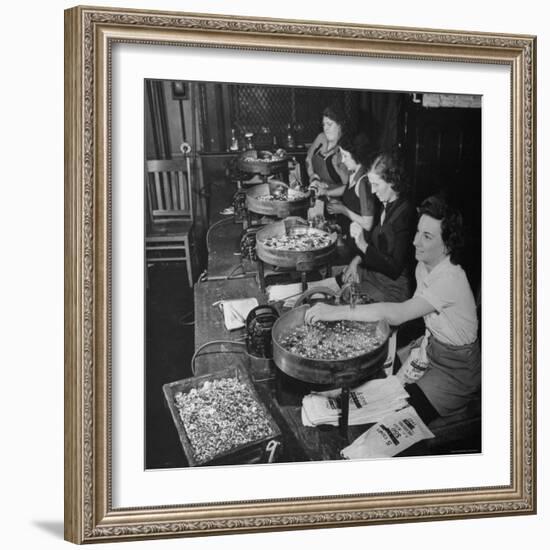 Women Counting and Bagging New Five Cent Coins-William C^ Shrout-Framed Photographic Print