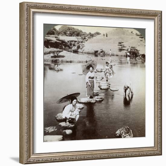 Women Crossing the Lake on Stepping Stones, Suizen-Ji Garden, Kumamoto, Japan, 1904-Underwood & Underwood-Framed Photographic Print