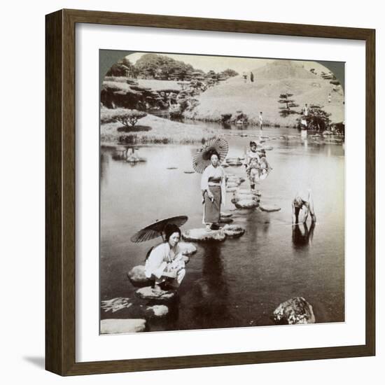 Women Crossing the Lake on Stepping Stones, Suizen-Ji Garden, Kumamoto, Japan, 1904-Underwood & Underwood-Framed Photographic Print