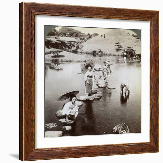 Women Crossing the Lake on Stepping Stones, Suizen-Ji Garden, Kumamoto, Japan, 1904-Underwood & Underwood-Framed Photographic Print