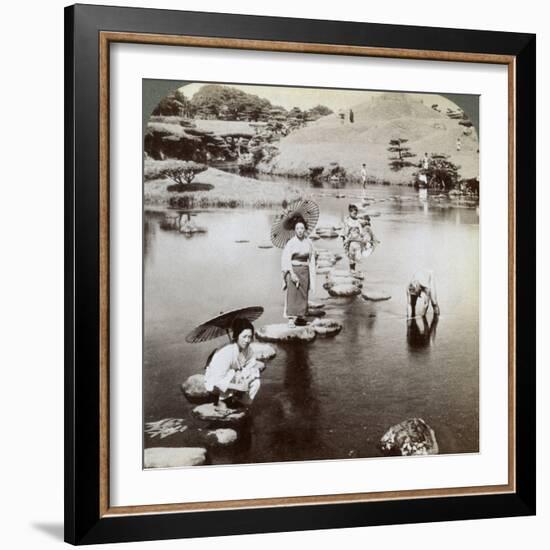 Women Crossing the Lake on Stepping Stones, Suizen-Ji Garden, Kumamoto, Japan, 1904-Underwood & Underwood-Framed Photographic Print