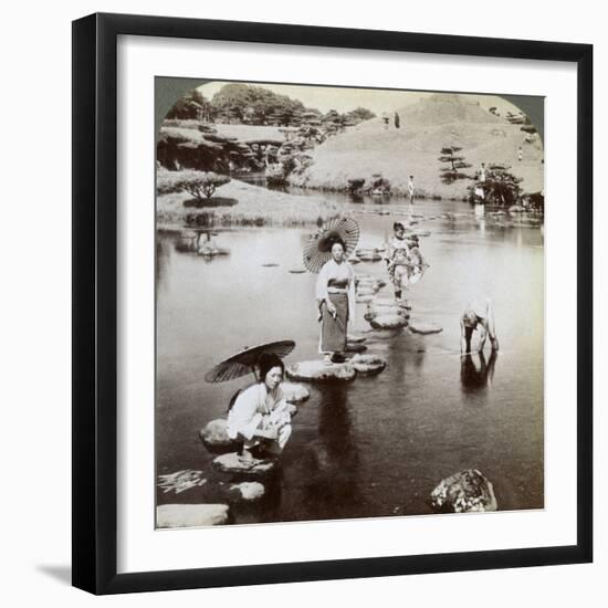 Women Crossing the Lake on Stepping Stones, Suizen-Ji Garden, Kumamoto, Japan, 1904-Underwood & Underwood-Framed Photographic Print