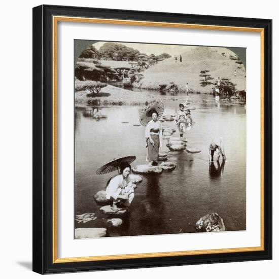 Women Crossing the Lake on Stepping Stones, Suizen-Ji Garden, Kumamoto, Japan, 1904-Underwood & Underwood-Framed Photographic Print