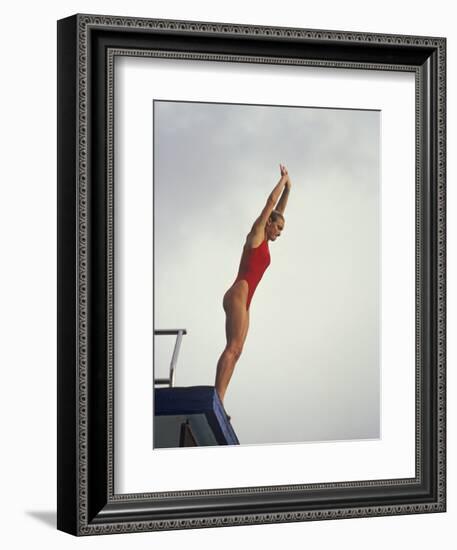 Women Diver Preparing to Jump Off the Platform, California, USA-Paul Sutton-Framed Photographic Print