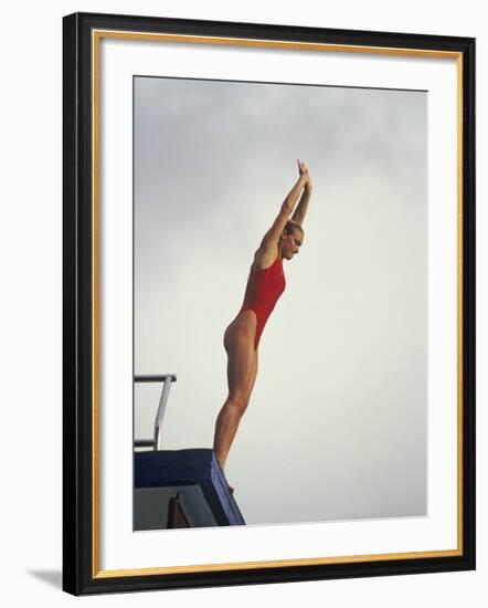 Women Diver Preparing to Jump Off the Platform, California, USA-Paul Sutton-Framed Photographic Print