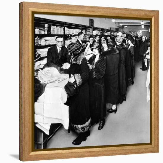 Women Eagerly Shop across the Counter at a Newly Opened Sears Retail Store-null-Framed Stretched Canvas