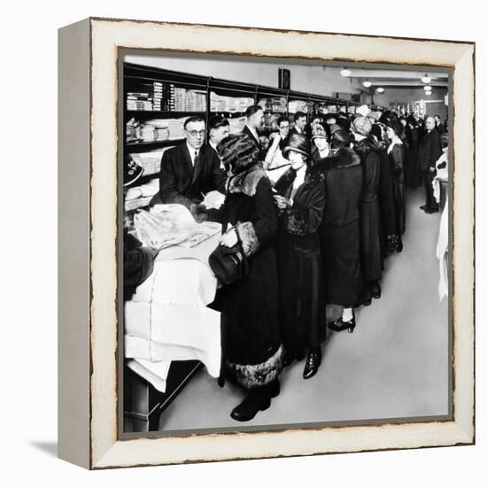 Women Eagerly Shop across the Counter at a Newly Opened Sears Retail Store-null-Framed Stretched Canvas