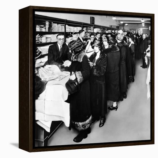 Women Eagerly Shop across the Counter at a Newly Opened Sears Retail Store-null-Framed Stretched Canvas