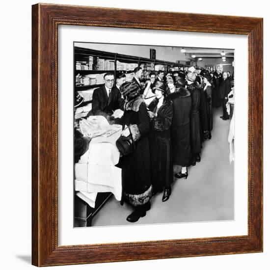 Women Eagerly Shop across the Counter at a Newly Opened Sears Retail Store-null-Framed Photo