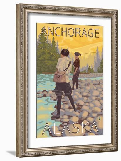 Women Fly Fishing, Anchorage, Alaska-Lantern Press-Framed Art Print