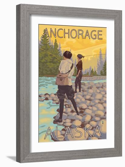 Women Fly Fishing, Anchorage, Alaska-Lantern Press-Framed Art Print