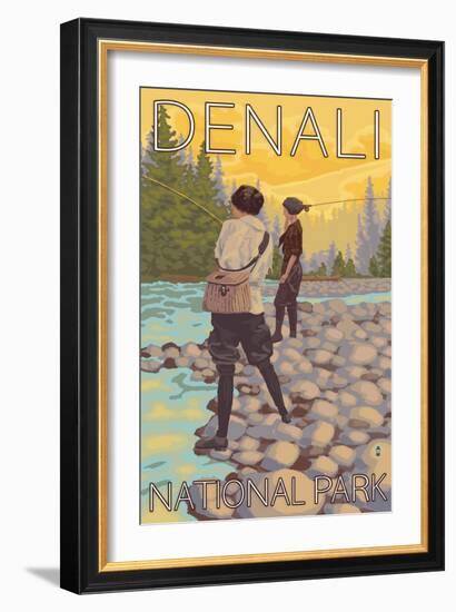 Women Fly Fishing, Denali National Park, Alaska-Lantern Press-Framed Art Print