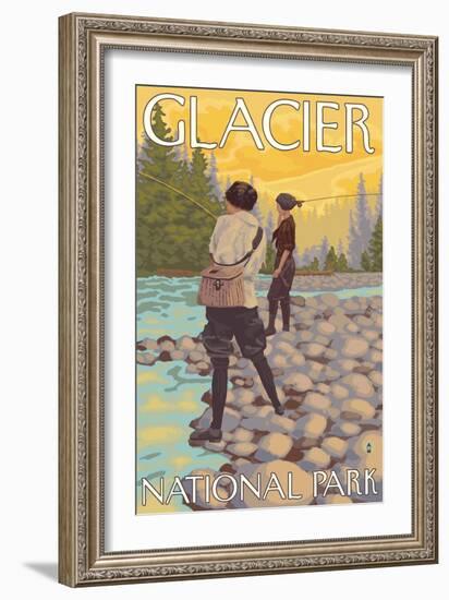 Women Fly Fishing, Glacier National Park, Montana-Lantern Press-Framed Art Print