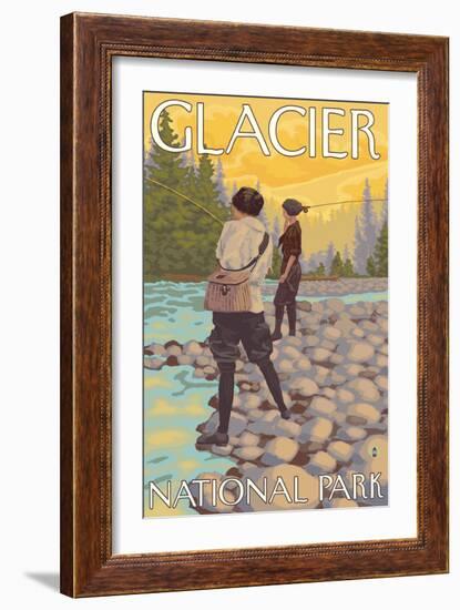 Women Fly Fishing, Glacier National Park, Montana-Lantern Press-Framed Art Print