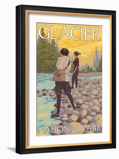 Women Fly Fishing, Glacier National Park, Montana-Lantern Press-Framed Art Print