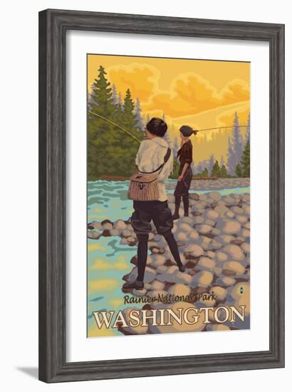 Women Fly Fishing, Mt. Rainier National Park, Washington-Lantern Press-Framed Art Print