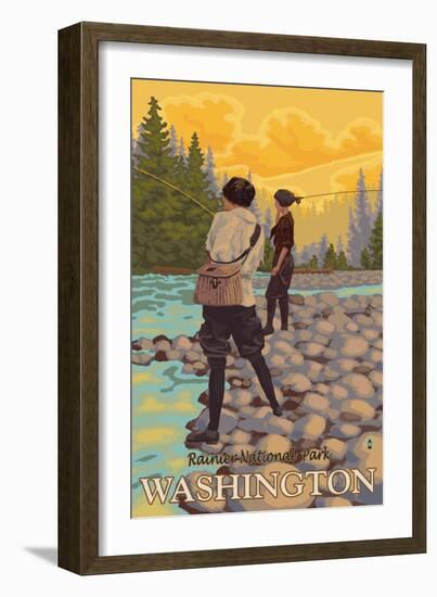 Women Fly Fishing, Mt. Rainier National Park, Washington-Lantern Press-Framed Art Print