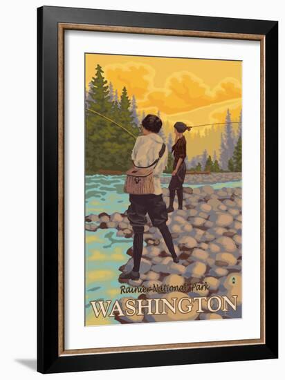 Women Fly Fishing, Mt. Rainier National Park, Washington-Lantern Press-Framed Art Print