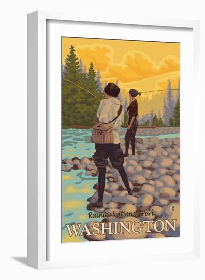 Women Fly Fishing, Mt. Rainier National Park, Washington-Lantern Press-Framed Art Print