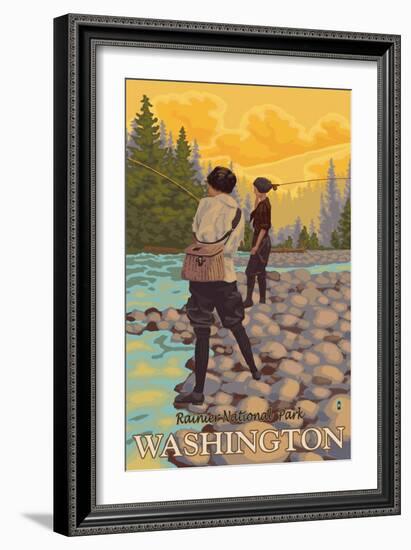 Women Fly Fishing, Mt. Rainier National Park, Washington-Lantern Press-Framed Art Print