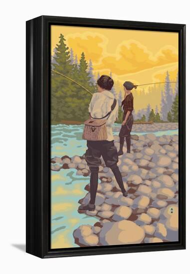 Women Fly Fishing Scene-Lantern Press-Framed Stretched Canvas