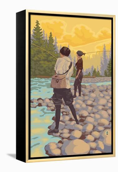 Women Fly Fishing Scene-Lantern Press-Framed Stretched Canvas