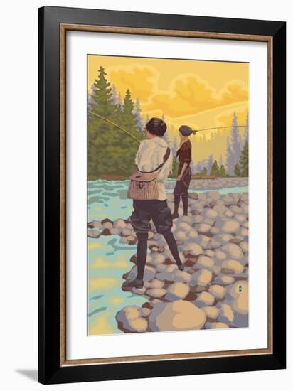 Women Fly Fishing Scene-Lantern Press-Framed Art Print