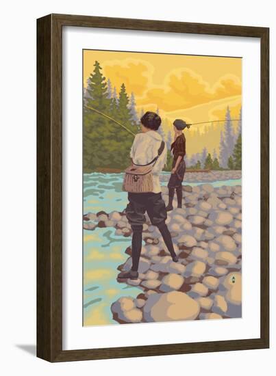 Women Fly Fishing Scene-Lantern Press-Framed Premium Giclee Print