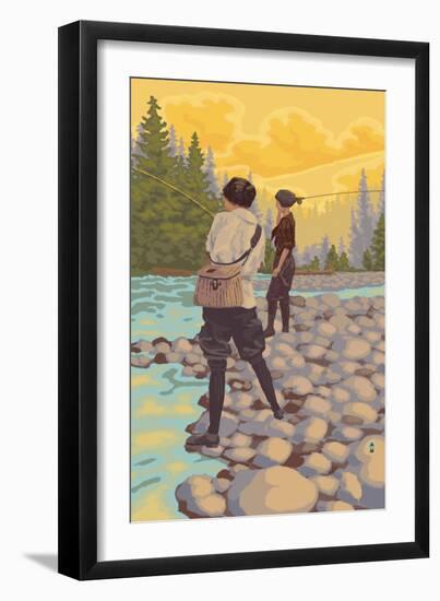 Women Fly Fishing Scene-Lantern Press-Framed Premium Giclee Print