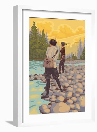 Women Fly Fishing Scene-Lantern Press-Framed Premium Giclee Print