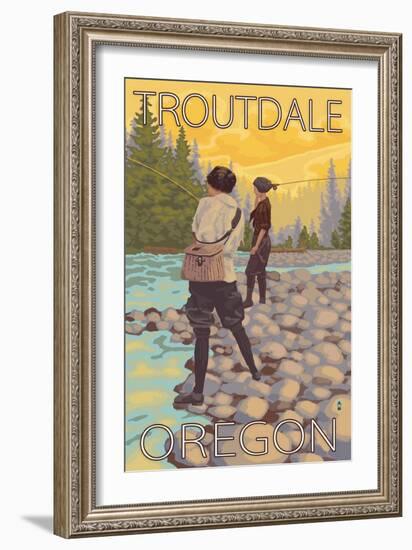 Women Fly Fishing, Troutdale, Oregon-Lantern Press-Framed Art Print