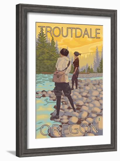 Women Fly Fishing, Troutdale, Oregon-Lantern Press-Framed Art Print