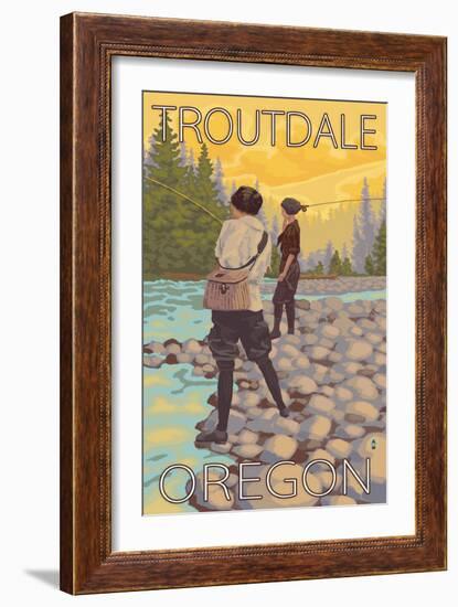 Women Fly Fishing, Troutdale, Oregon-Lantern Press-Framed Art Print