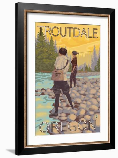 Women Fly Fishing, Troutdale, Oregon-Lantern Press-Framed Art Print