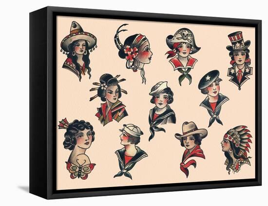 Women from Around the World Mid-Century Tattoo Flash-null-Framed Stretched Canvas