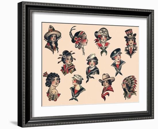 Women from Around the World Mid-Century Tattoo Flash-null-Framed Art Print