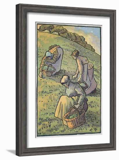 Women Gathering Mushrooms, from 'Travaux Des Champs', Engraved by Lucien Pissarro (1863-1944)-Camille Pissarro-Framed Giclee Print