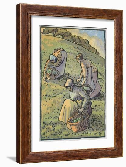Women Gathering Mushrooms, from 'Travaux Des Champs', Engraved by Lucien Pissarro (1863-1944)-Camille Pissarro-Framed Giclee Print