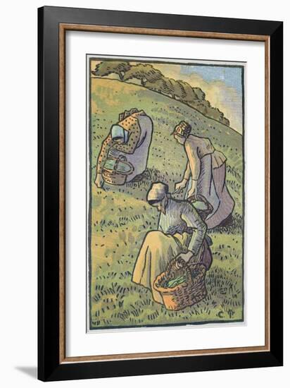 Women Gathering Mushrooms, from 'Travaux Des Champs', Engraved by Lucien Pissarro (1863-1944)-Camille Pissarro-Framed Giclee Print