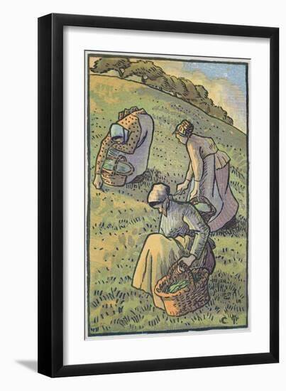 Women Gathering Mushrooms, from 'Travaux Des Champs', Engraved by Lucien Pissarro (1863-1944)-Camille Pissarro-Framed Giclee Print