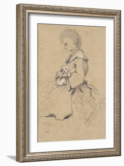 Women Holding a Small Dog, 1857 (Black and White Chalk on Paper)-Claude Monet-Framed Giclee Print