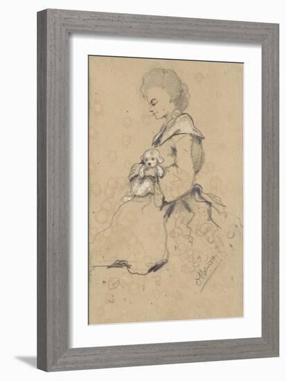 Women Holding a Small Dog, 1857 (Black and White Chalk on Paper)-Claude Monet-Framed Giclee Print