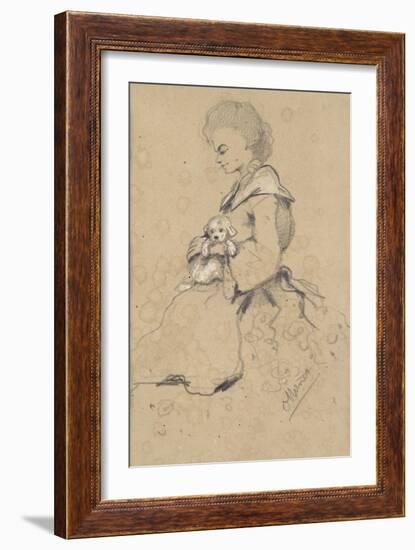 Women Holding a Small Dog, 1857 (Black and White Chalk on Paper)-Claude Monet-Framed Giclee Print