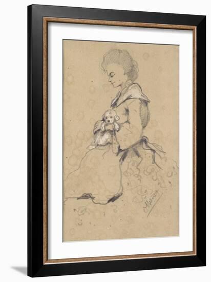 Women Holding a Small Dog, 1857 (Black and White Chalk on Paper)-Claude Monet-Framed Giclee Print