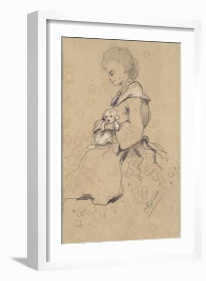 Women Holding a Small Dog, 1857 (Black and White Chalk on Paper)-Claude Monet-Framed Giclee Print